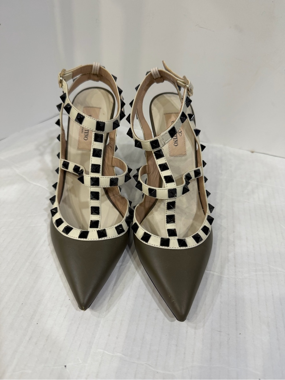 Valentino Garavani Olive Pointed-Toe T-Strap Rockstud Flats with Ivory Trim 6.5